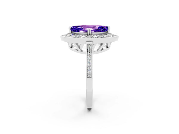 White gold Marquise Cut Tanzanite Halo Ring with Split Shank and Four-Prong Setting