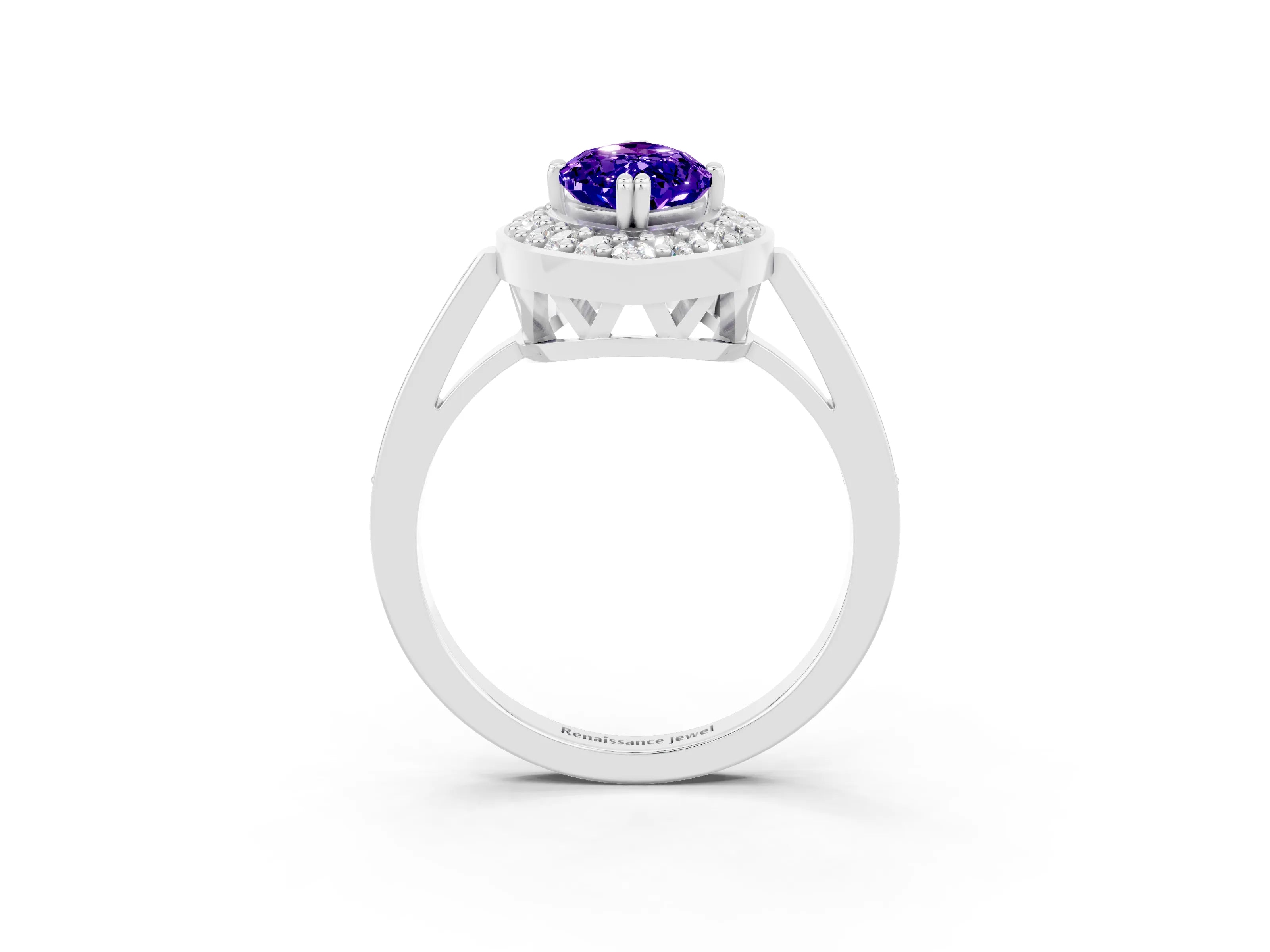 White gold Marquise Cut Tanzanite Halo Ring with Split Shank and Four-Prong Setting_3