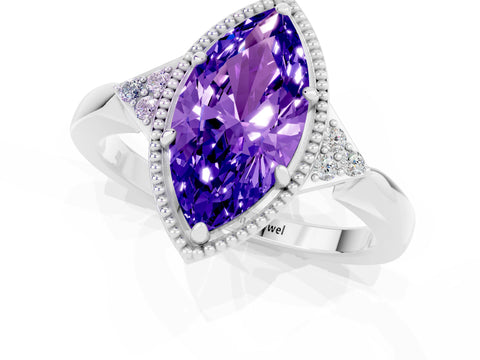 White gold Marquise Cut Tanzanite Halo Ring with Tapered Band and Four-Prong Setting_1