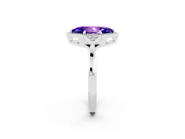 White gold Marquise Cut Tanzanite Halo Ring with Tapered Band and Four-Prong Setting