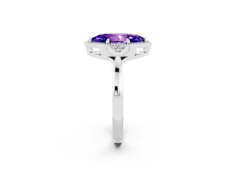 White gold Marquise Cut Tanzanite Halo Ring with Tapered Band and Four-Prong Setting_2