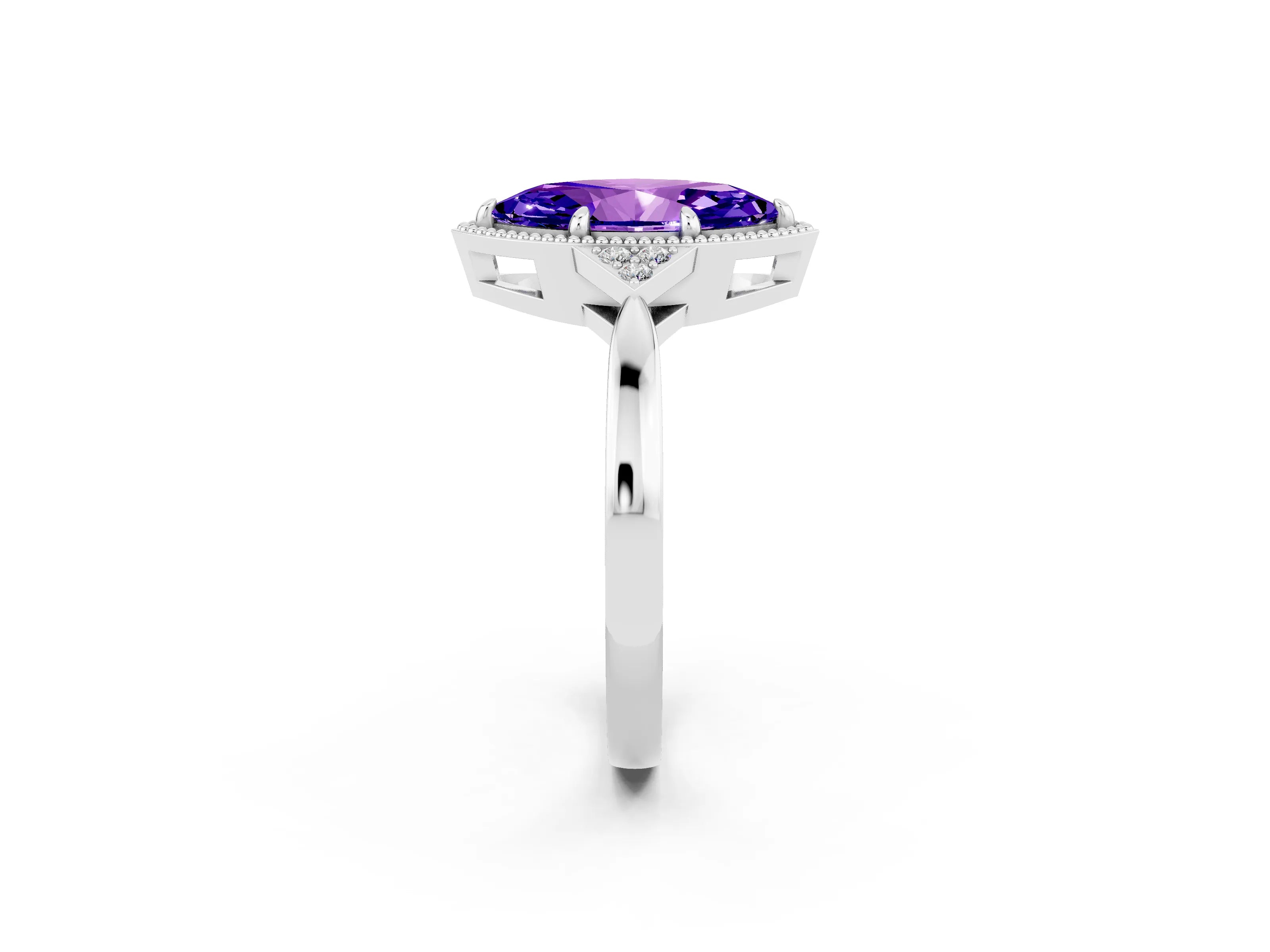 White gold Marquise Cut Tanzanite Halo Ring with Tapered Band and Four-Prong Setting_2