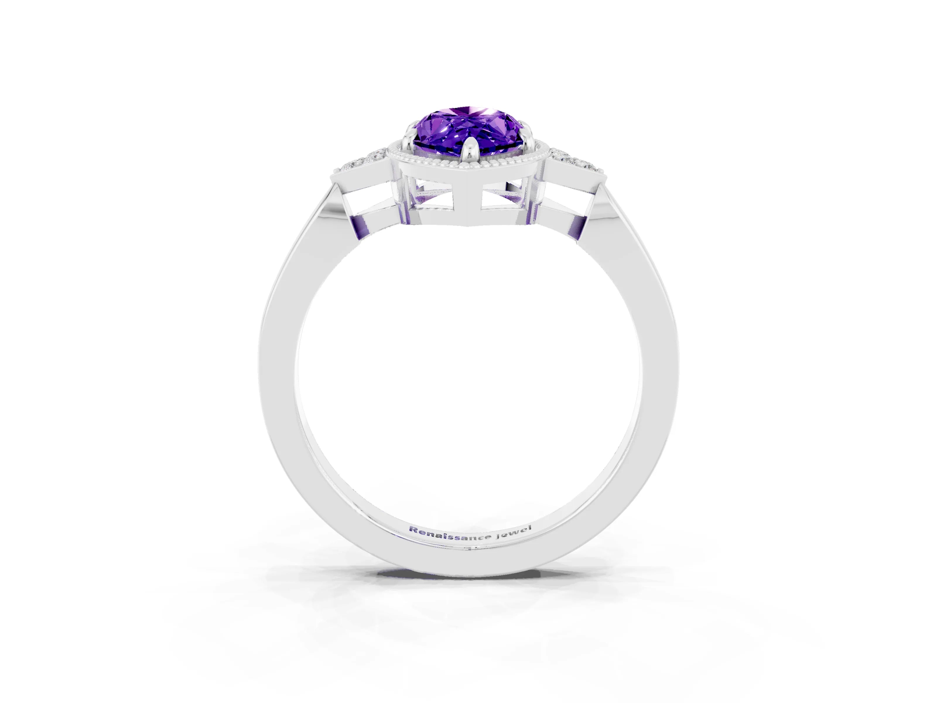 White gold Marquise Cut Tanzanite Halo Ring with Tapered Band and Four-Prong Setting_3