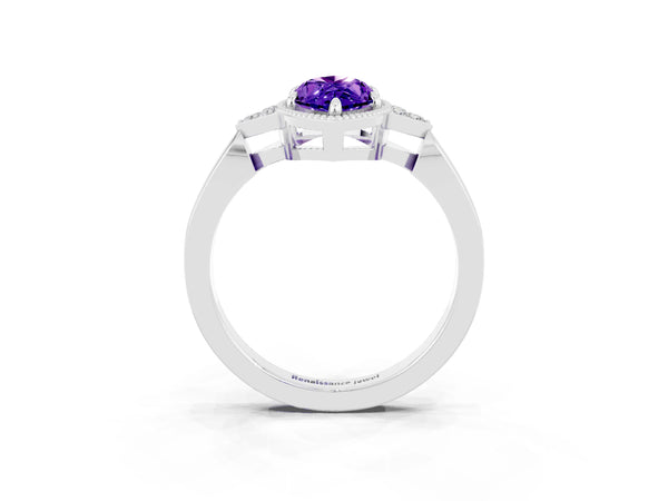 Platinum Marquise Cut Tanzanite Halo Ring with Tapered Band and Four-Prong Setting