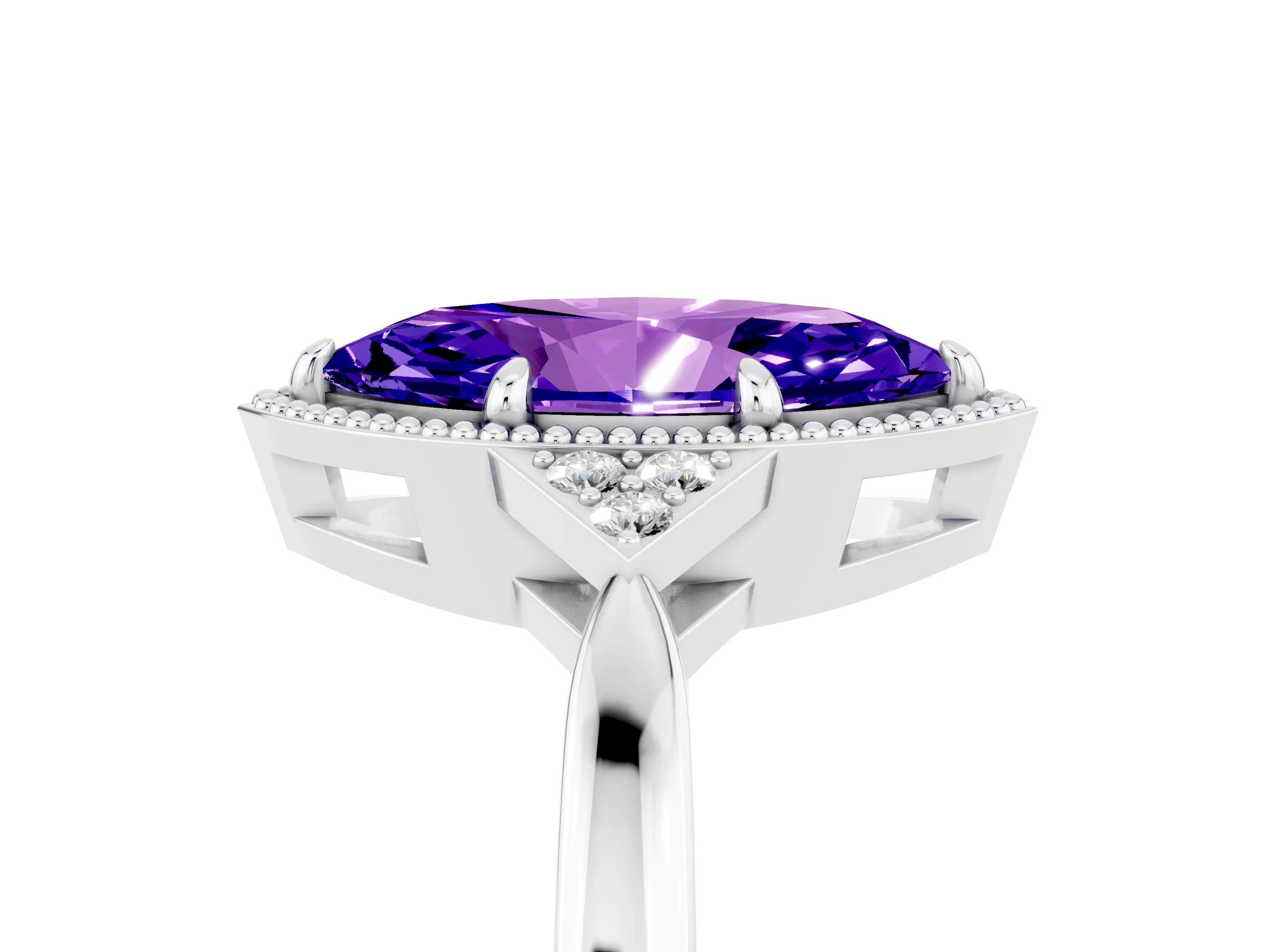 White gold Marquise Cut Tanzanite Halo Ring with Tapered Band and Four-Prong Setting_5