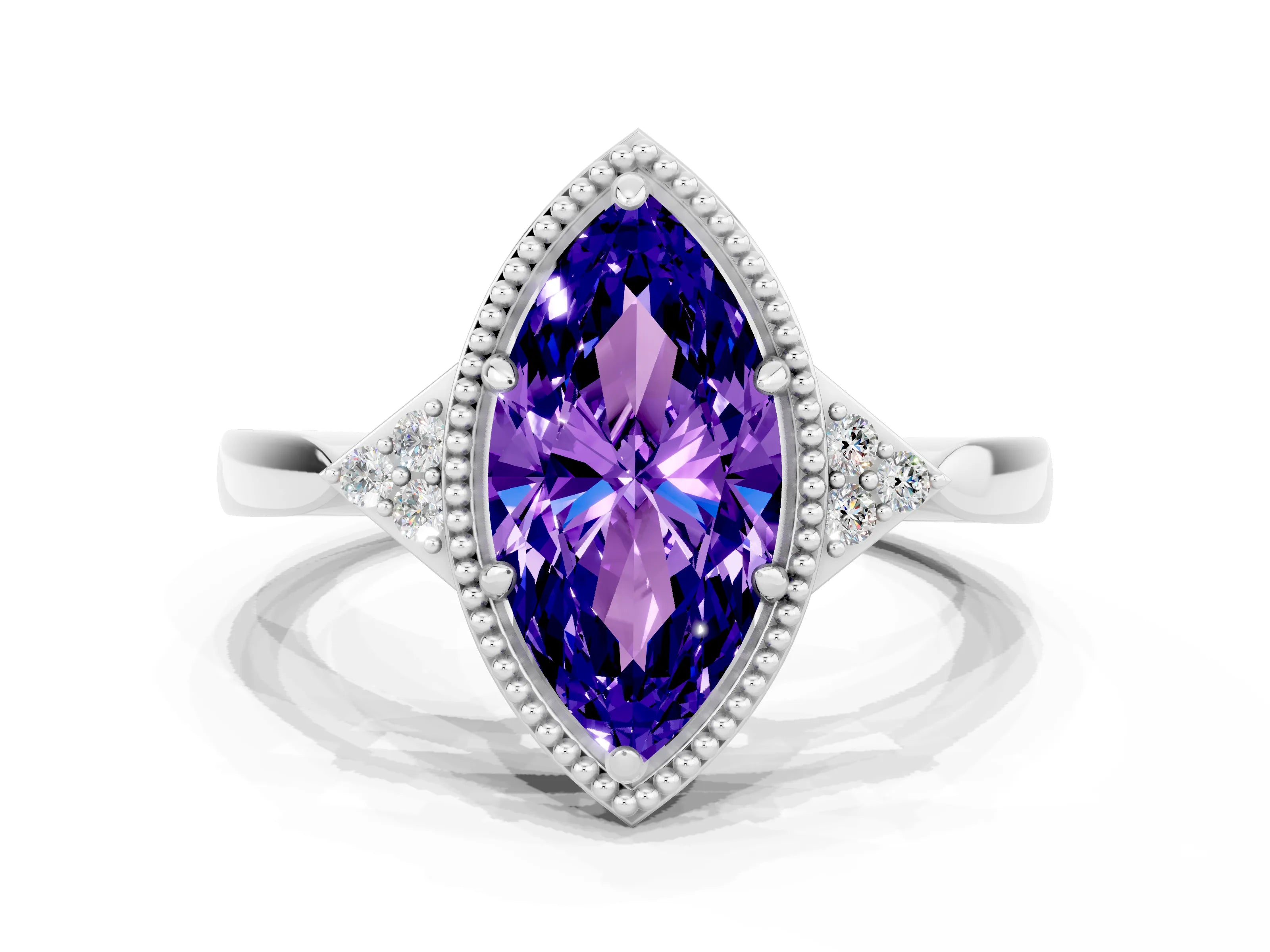 White gold Marquise Cut Tanzanite Halo Ring with Tapered Band and Four-Prong Setting