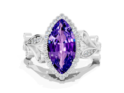 White gold Marquise Cut Tanzanite Halo Ring with Vintage Split Shank and Four-Prong Setting_42