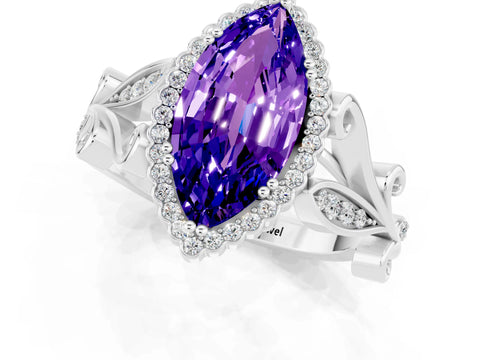 White gold Marquise Cut Tanzanite Halo Ring with Vintage Split Shank and Four-Prong Setting_43