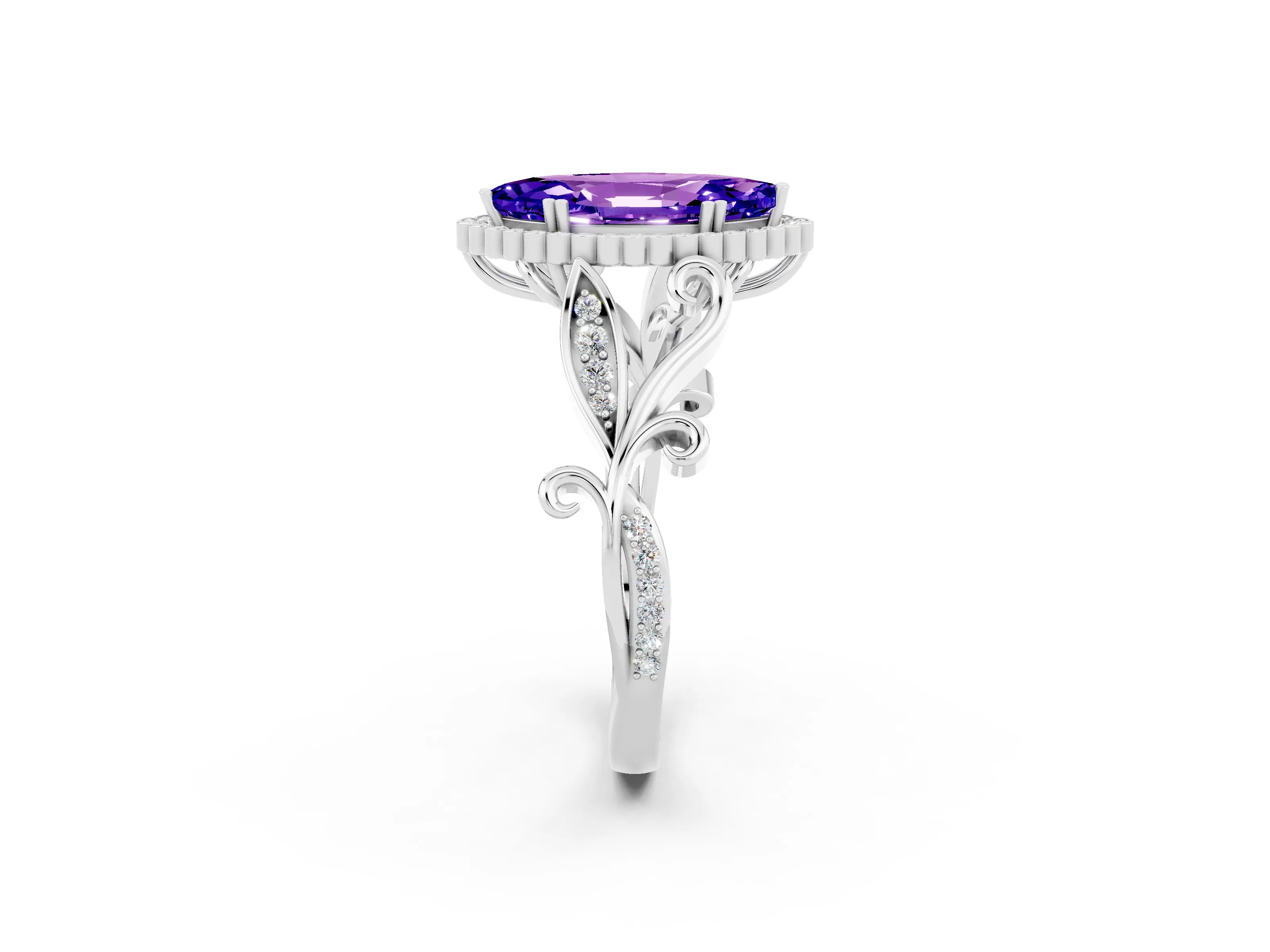 White gold Marquise Cut Tanzanite Halo Ring with Vintage Split Shank and Four-Prong Setting_44