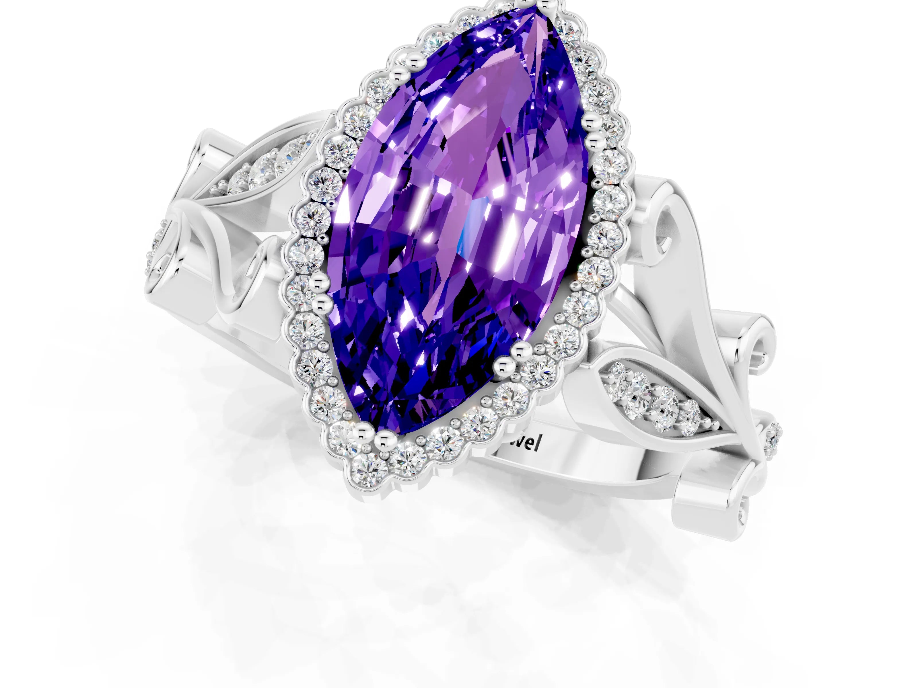 White gold Marquise Cut Tanzanite Halo Ring with Vintage Split Shank and Four-Prong Setting_47