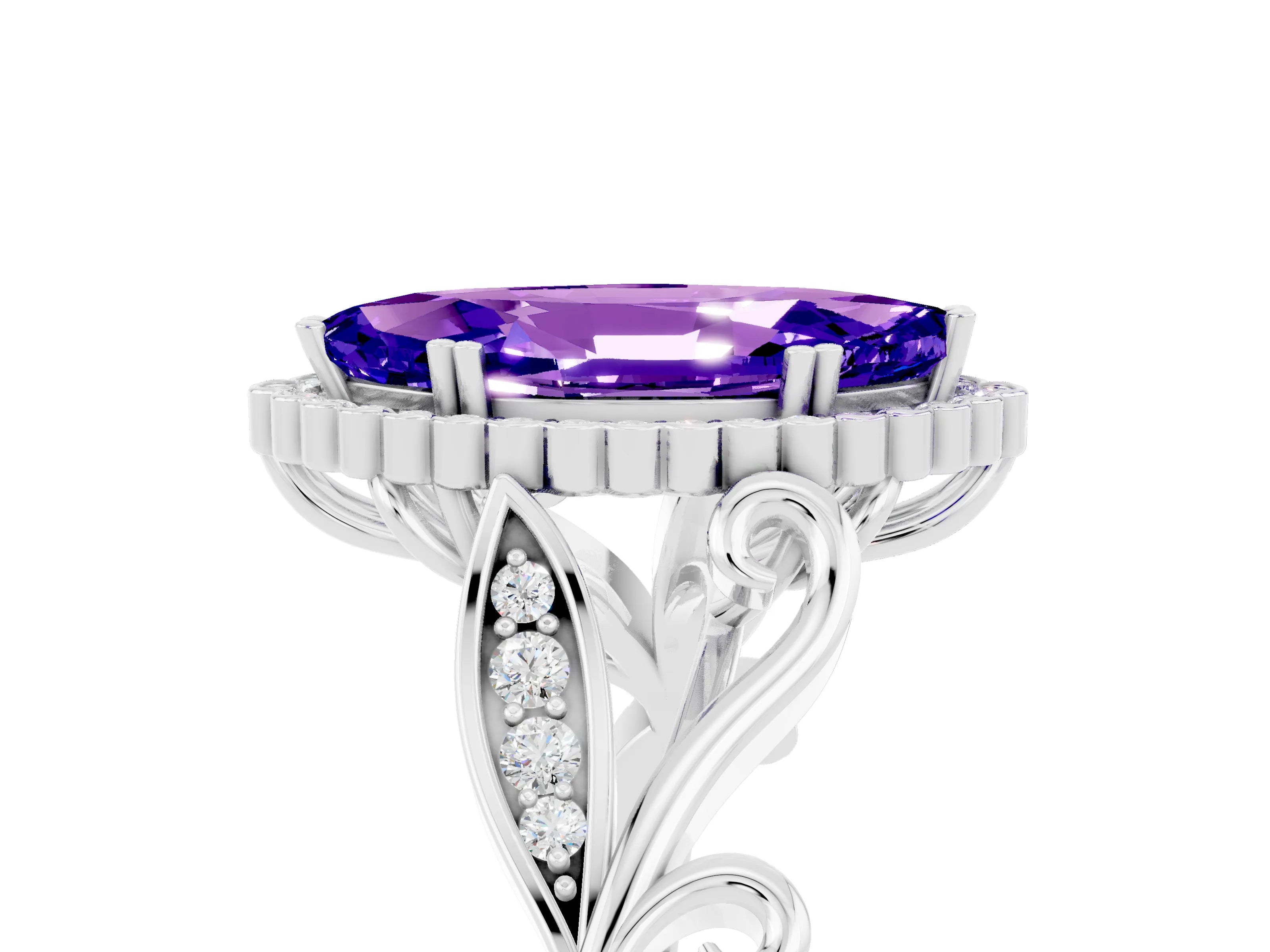 White gold Marquise Cut Tanzanite Halo Ring with Vintage Split Shank and Four-Prong Setting_47