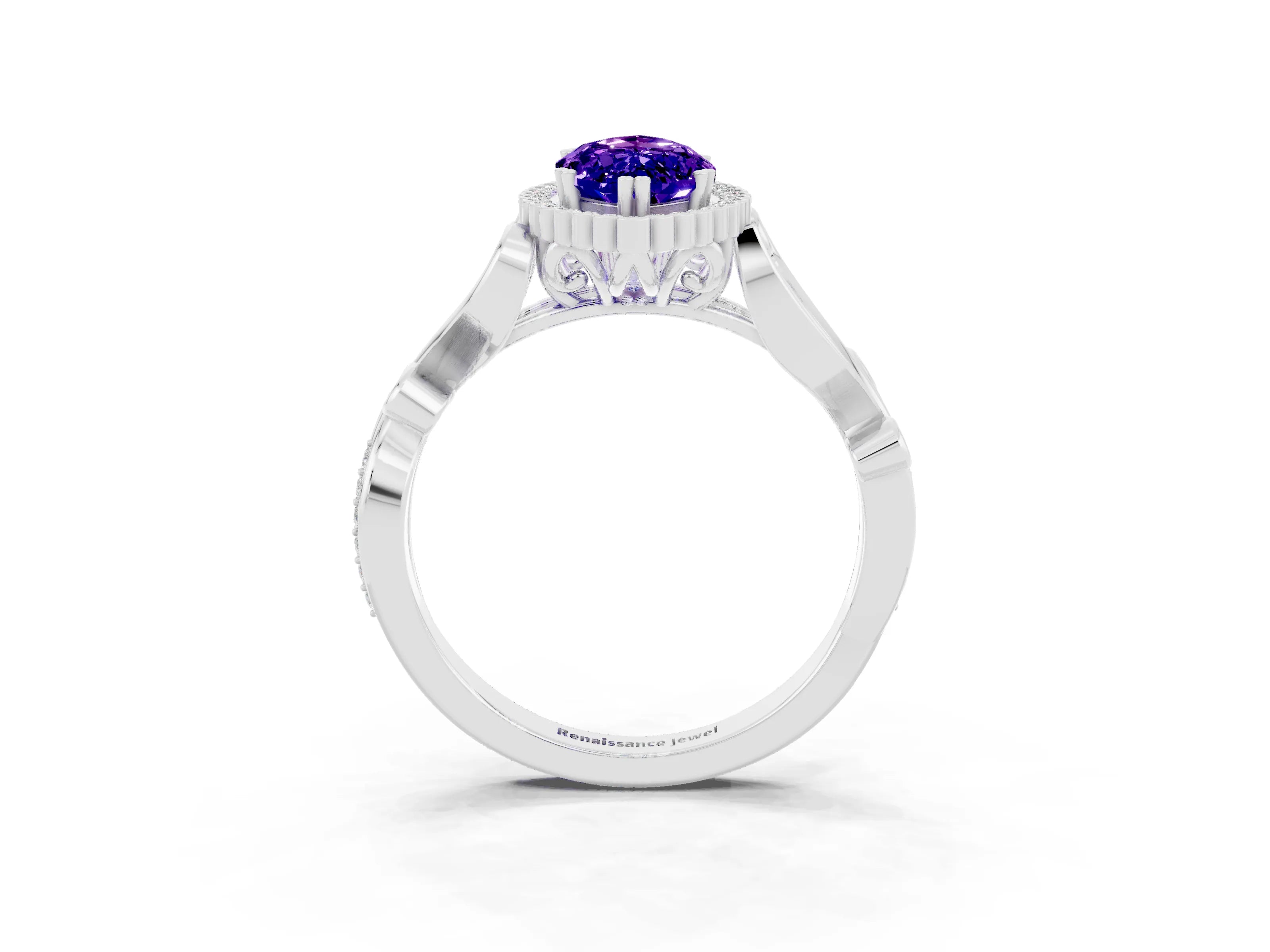 White gold Marquise Cut Tanzanite Halo Ring with Vintage Split Shank and Four-Prong Setting_49