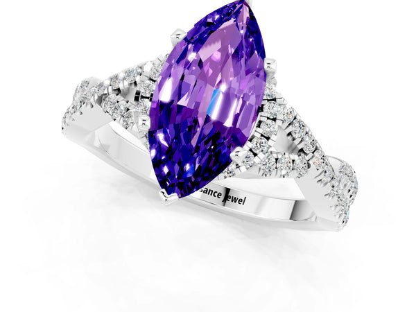 White gold Marquise Cut Tanzanite  Halo Twist Band Solitaire Prong Setting Ring