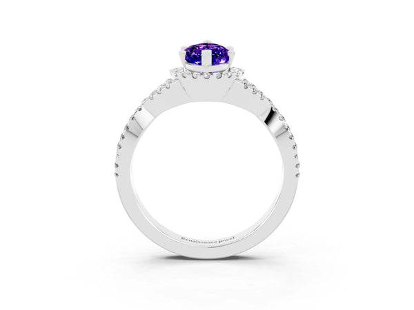White gold Marquise Cut Tanzanite  Halo Twist Band Solitaire Prong Setting Ring