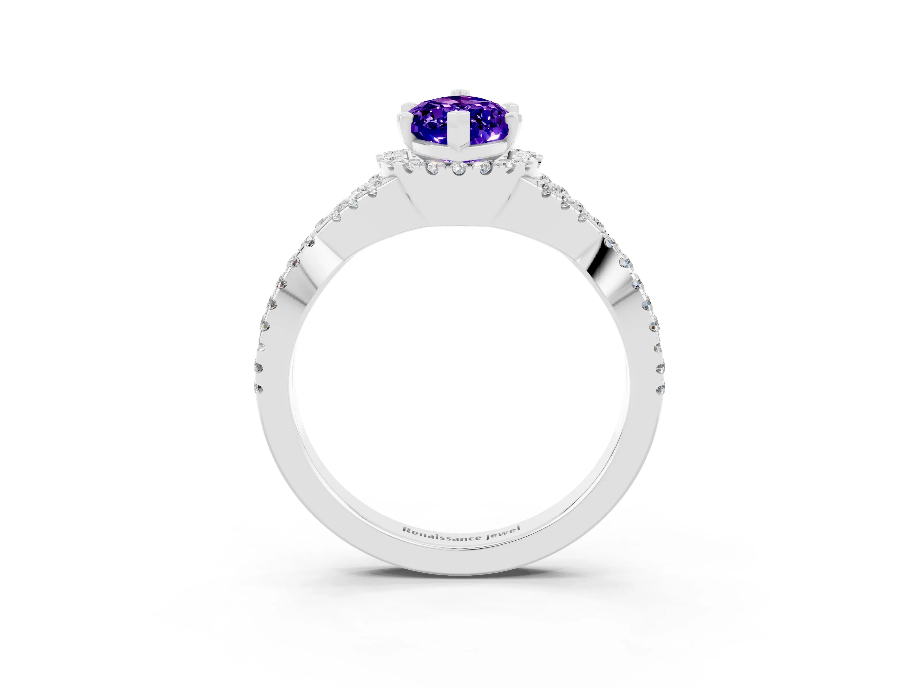 White gold Marquise Cut Tanzanite Halo Twist Band Solitaire Prong Setting Ring_3