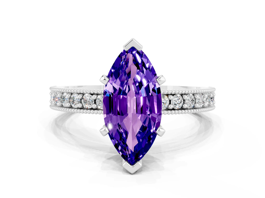 White gold Marquise Cut Tanzanite Milgrain Pavé Engagement Ring with Four-Prong Setting