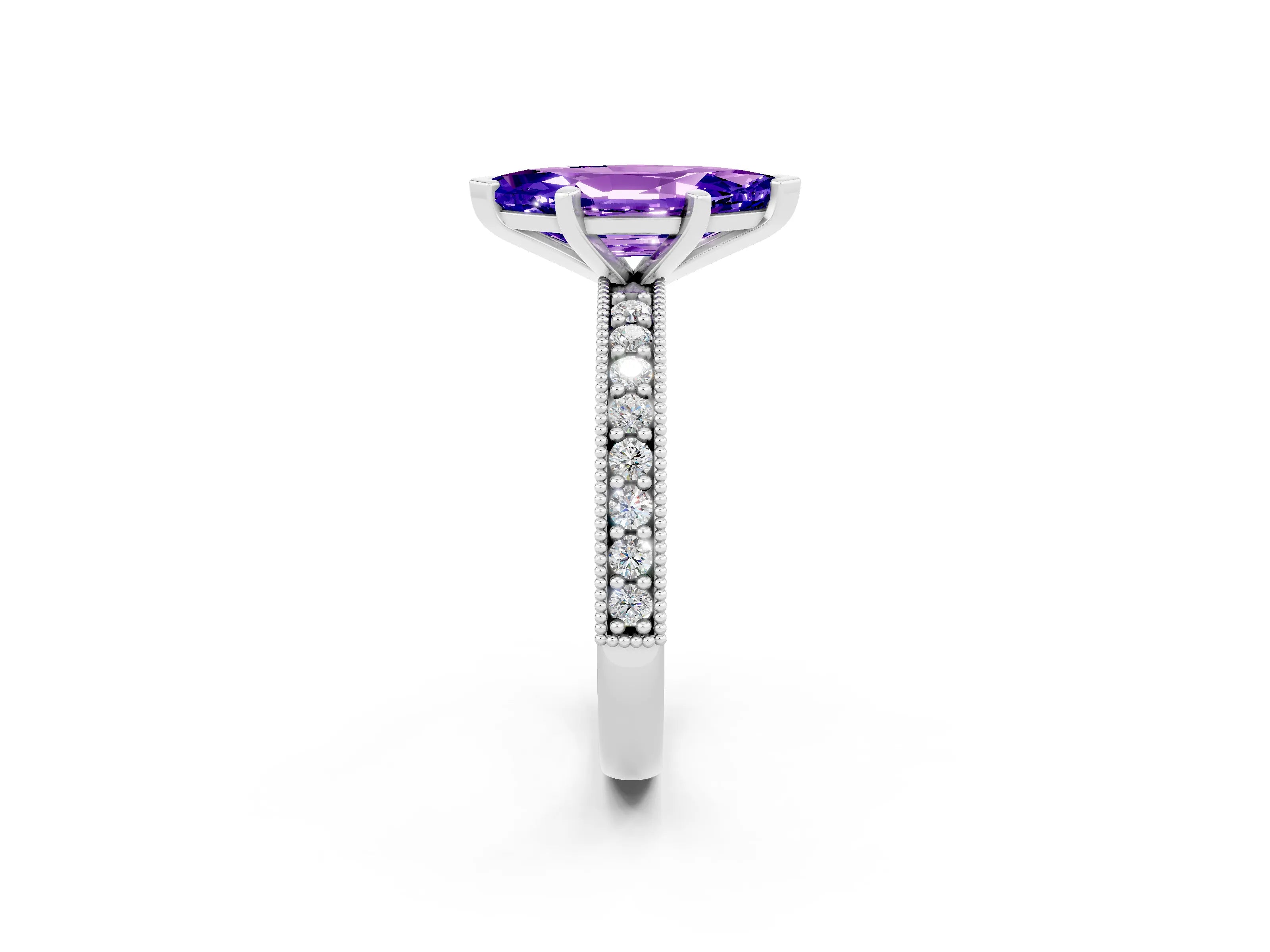 White gold Marquise Cut Tanzanite Milgrain Pavé Engagement Ring with Four-Prong Setting_2