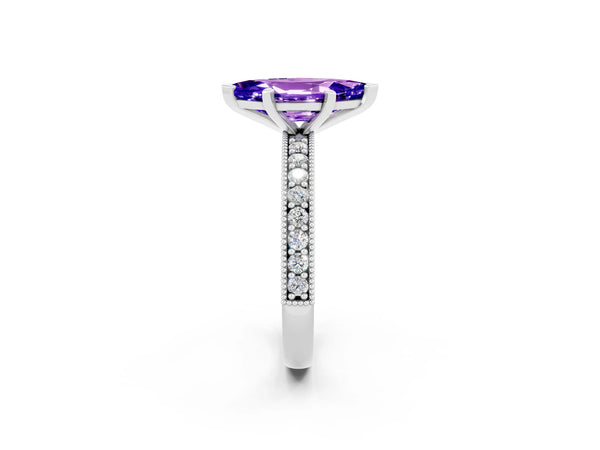 White gold Marquise Cut Tanzanite Milgrain Pavé Engagement Ring with Four-Prong Setting