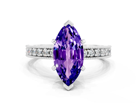 White gold Marquise Cut Tanzanite Milgrain Pavé Engagement Ring with Four-Prong Setting