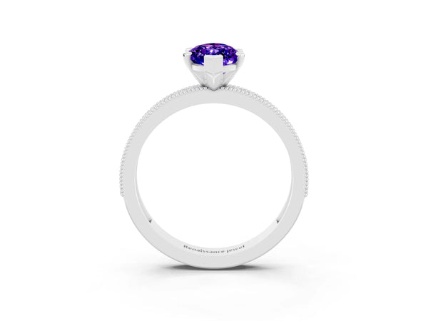 Silver Marquise Cut Tanzanite Milgrain Pavé Engagement Ring with Four-Prong Setting