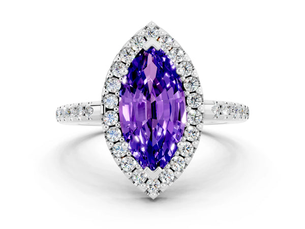 White gold Marquise Cut Tanzanite Pavé Halo Ring with Four-Prong Setting