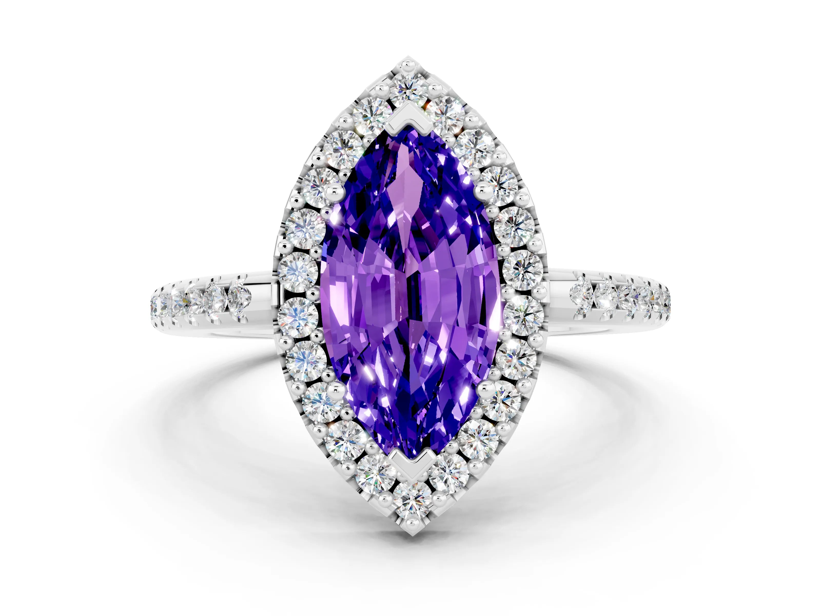 White gold Marquise Cut Tanzanite Pavé Halo Ring with Four-Prong Setting_12