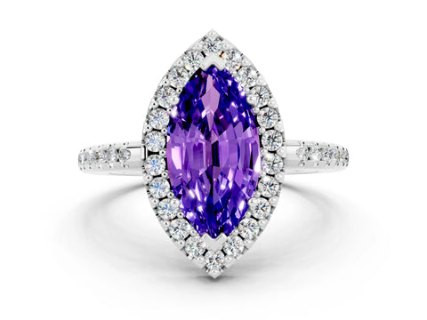 White gold Marquise Cut Tanzanite Pavé Halo Ring with Four-Prong Setting_12