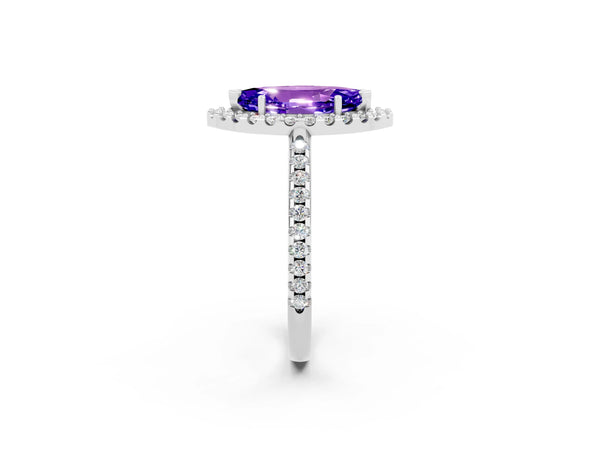 Silver Marquise Cut Tanzanite Pavé Halo Ring with Four-Prong Setting