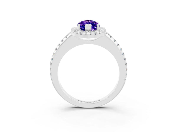 Platinum Marquise Cut Tanzanite Pavé Halo Ring with Four-Prong Setting