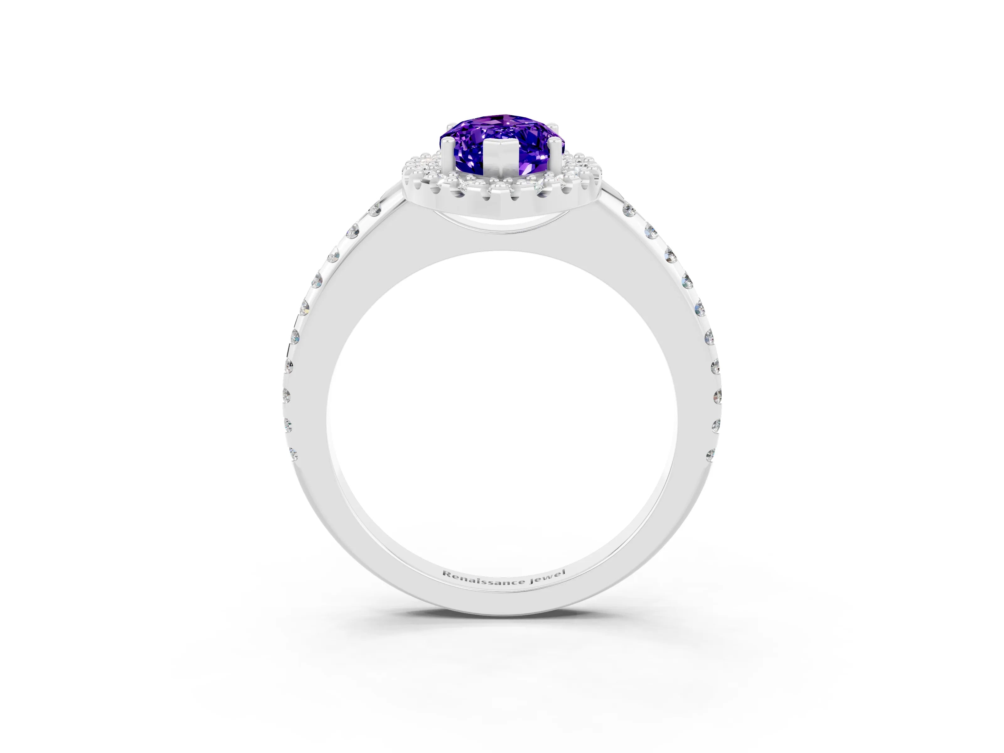 White gold Marquise Cut Tanzanite Pavé Halo Ring with Four-Prong Setting_15