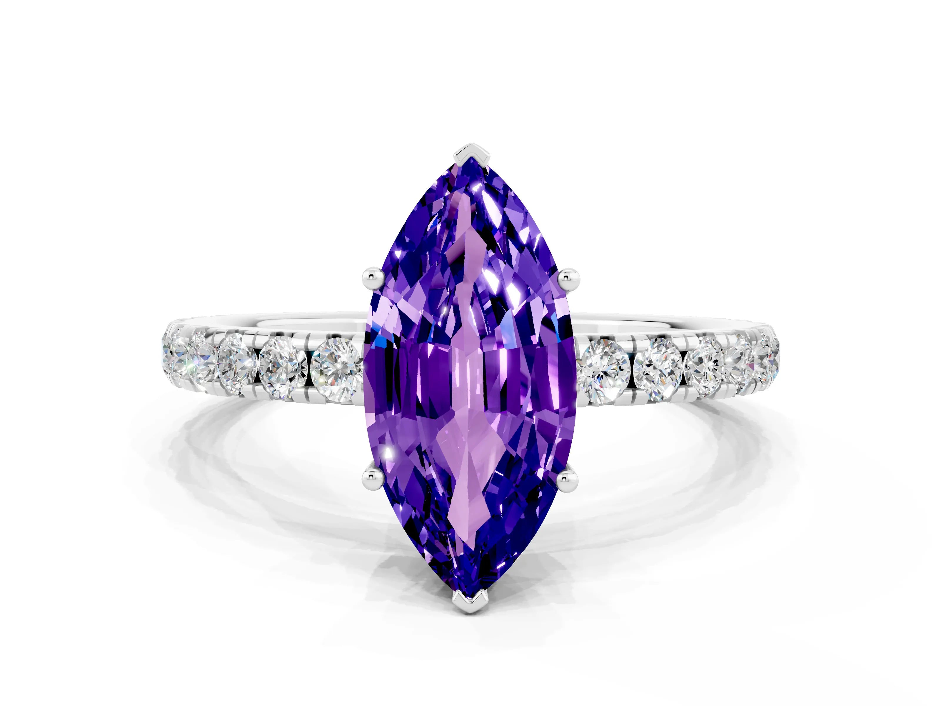 White gold Marquise Cut Tanzanite Pavé Solitaire Engagement Ring with Four-Prong Setting_12