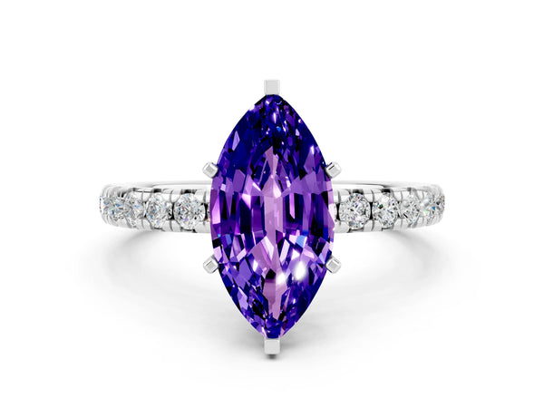 Silver Marquise Cut Tanzanite Pavé Solitaire Ring with Round Band and Prong Setting