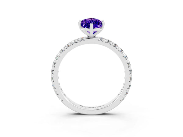 Platinum Marquise Cut Tanzanite Pavé Solitaire Ring with Round Band and Prong Setting
