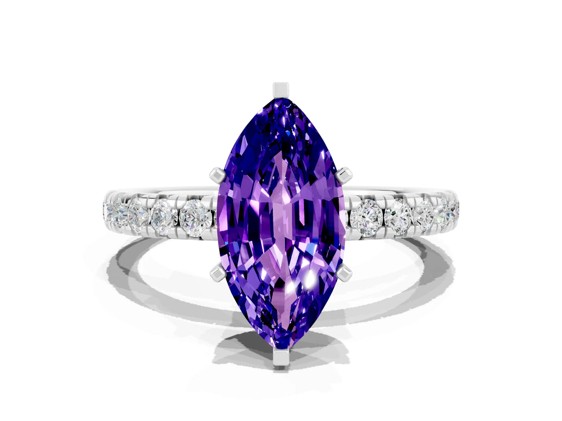 White gold Marquise Cut Tanzanite Pavé Solitaire Ring with Round Band and Prong Setting_36