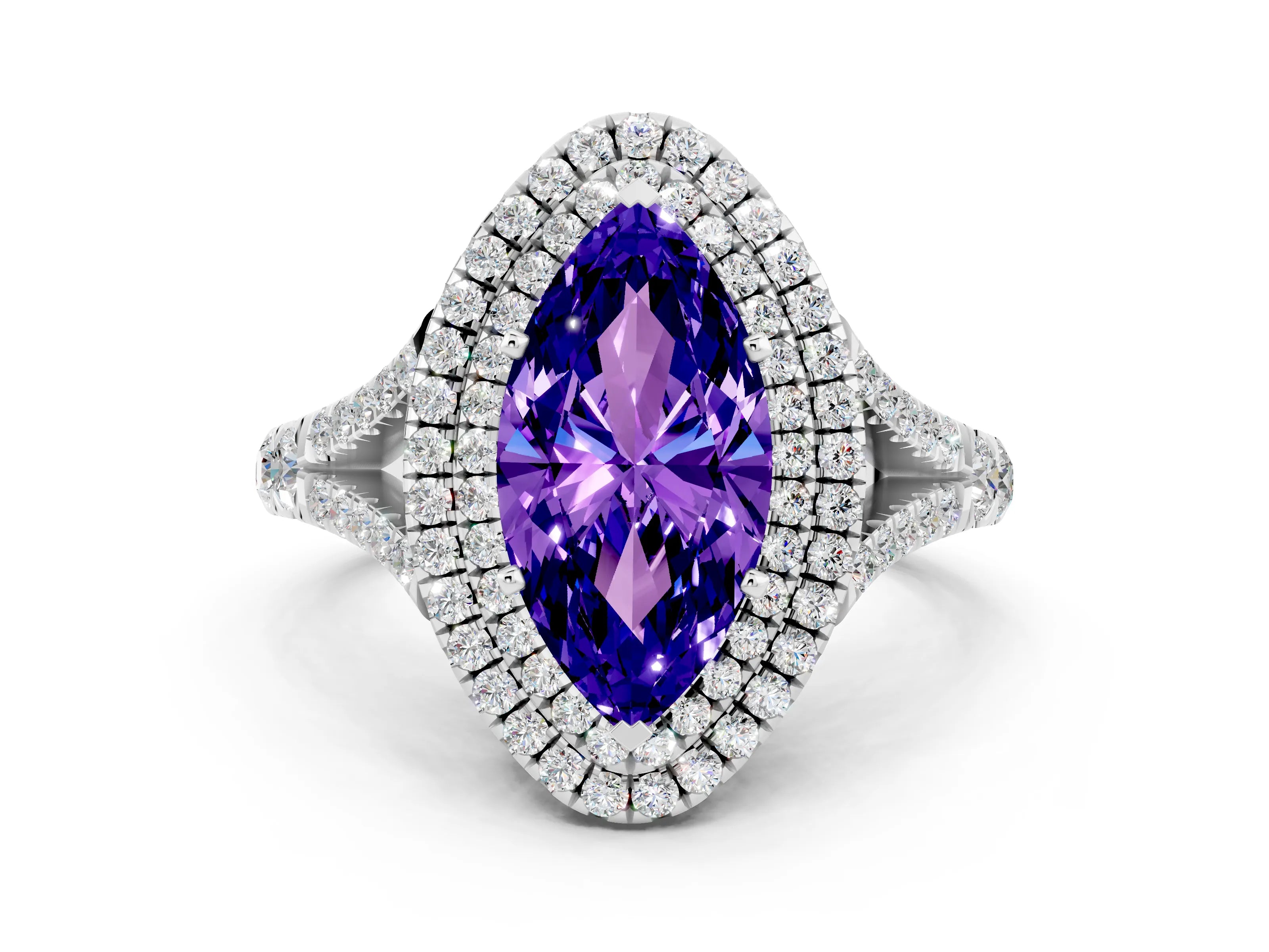 White gold Marquise Cut Tanzanite Pavé Split Shank Double Halo Engagement Ring