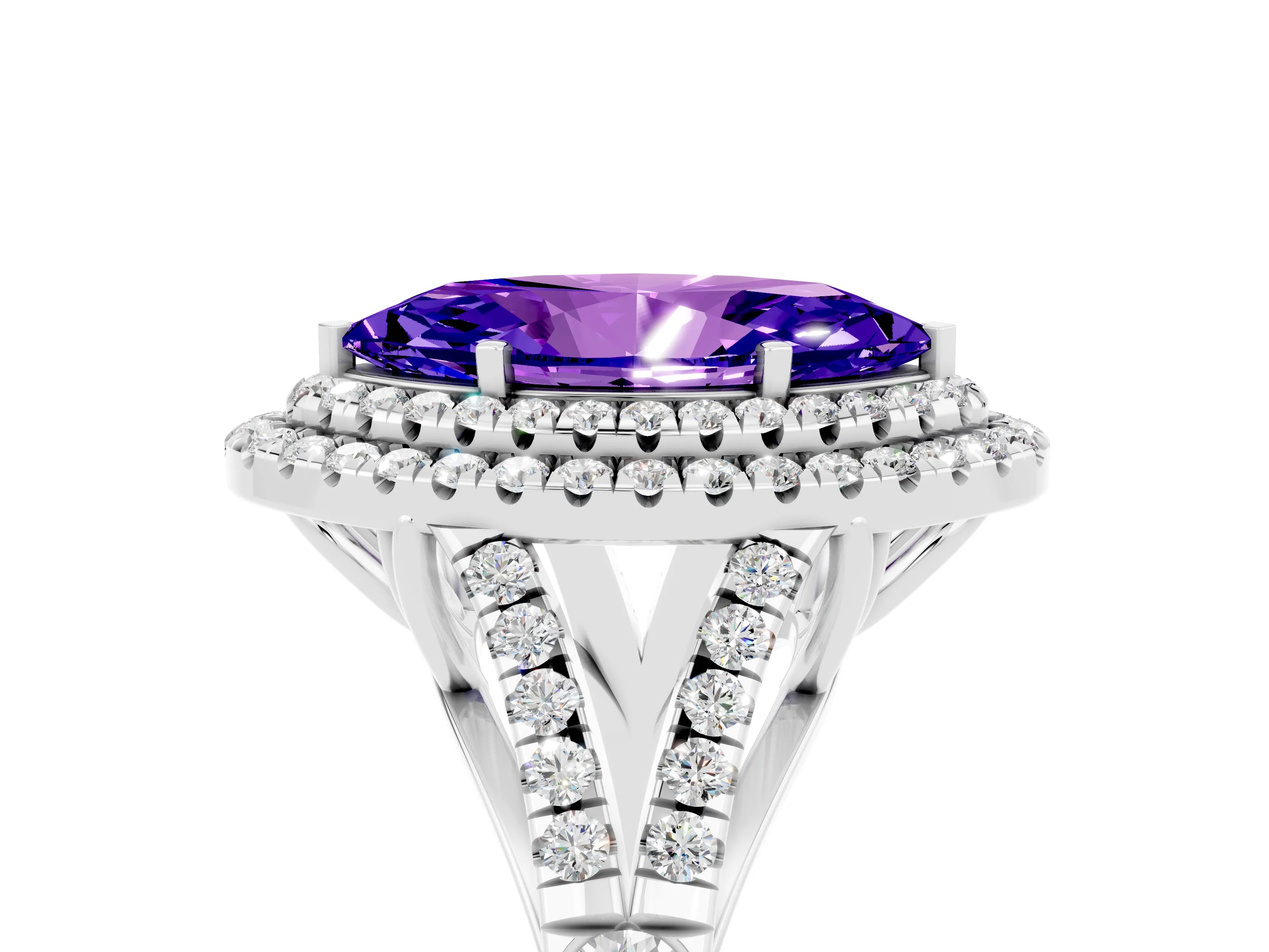 White gold Marquise Cut Tanzanite Pavé Split Shank Double Halo Engagement Ring_5