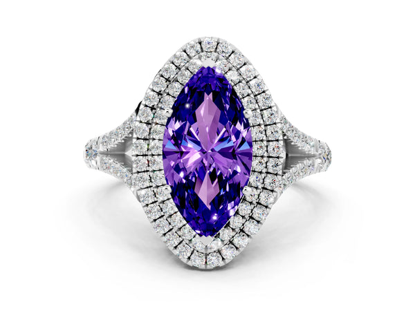 White gold Marquise Cut Tanzanite Pavé Split Shank Double Halo Engagement Ring