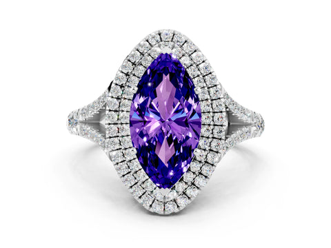 White gold Marquise Cut Tanzanite Pavé Split Shank Double Halo Engagement Ring