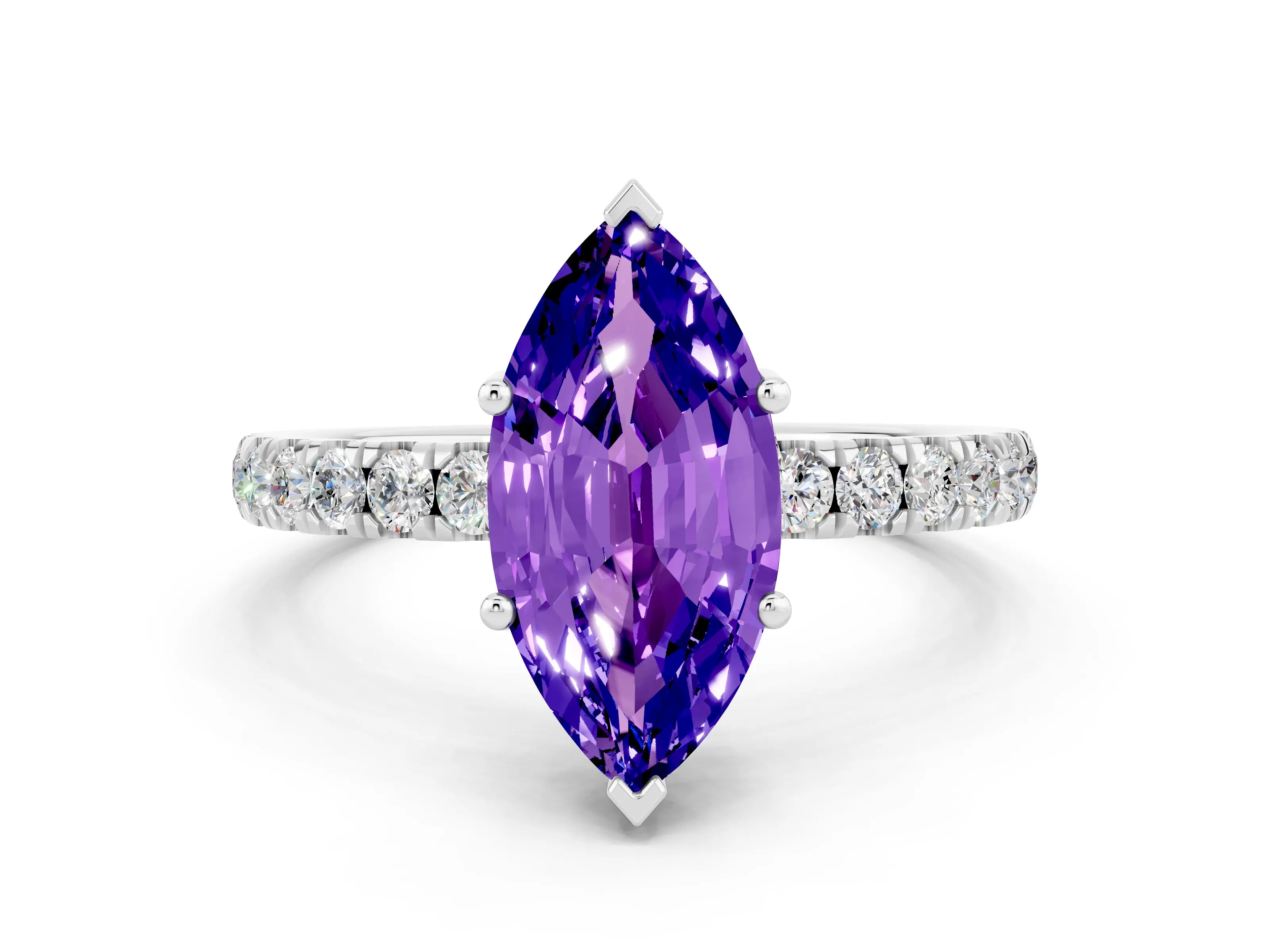 White gold Marquise Cut Tanzanite Pave Band Solitaire Ring with Four-Prong Setting_24