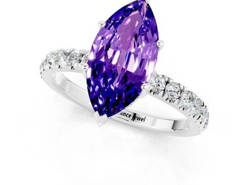 White gold Marquise Cut Tanzanite Pave Band Solitaire Ring with Four-Prong Setting_25
