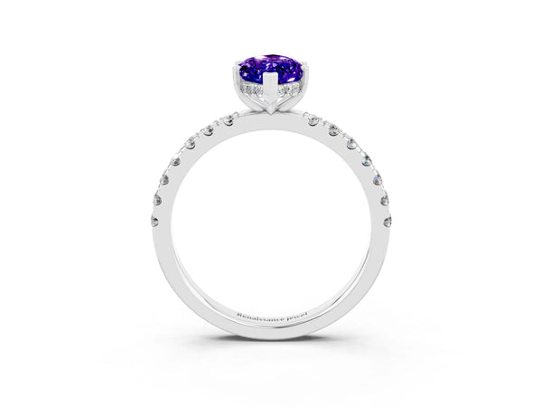 Platinum Marquise Cut Tanzanite Pave Band Solitaire Ring with Round  and Prong Setting