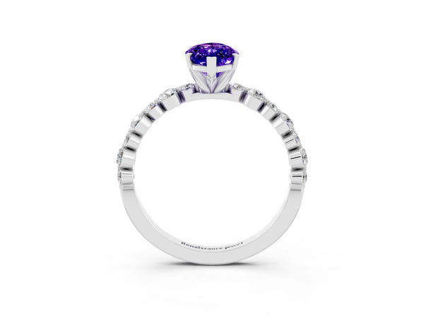 White gold Marquise Cut Tanzanite Prong Set Engagement Ring with Pavé Band