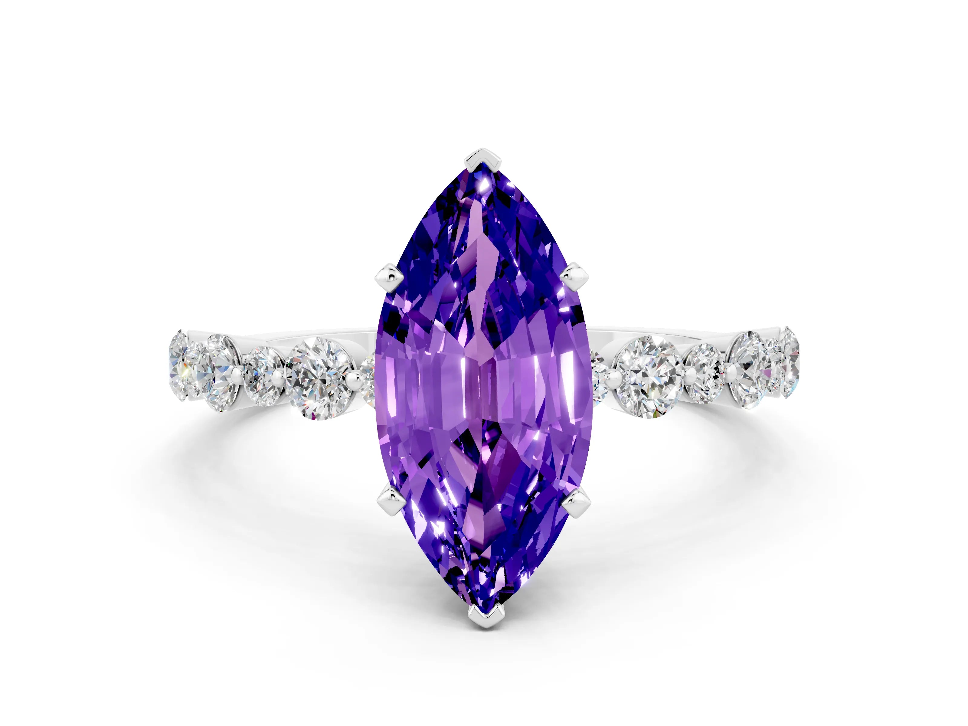 White gold Marquise Cut Tanzanite Prong Set Engagement Ring with Pavé Band