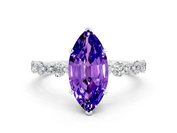 Silver Marquise Cut Tanzanite Prong Set Engagement Ring with Pavé Band