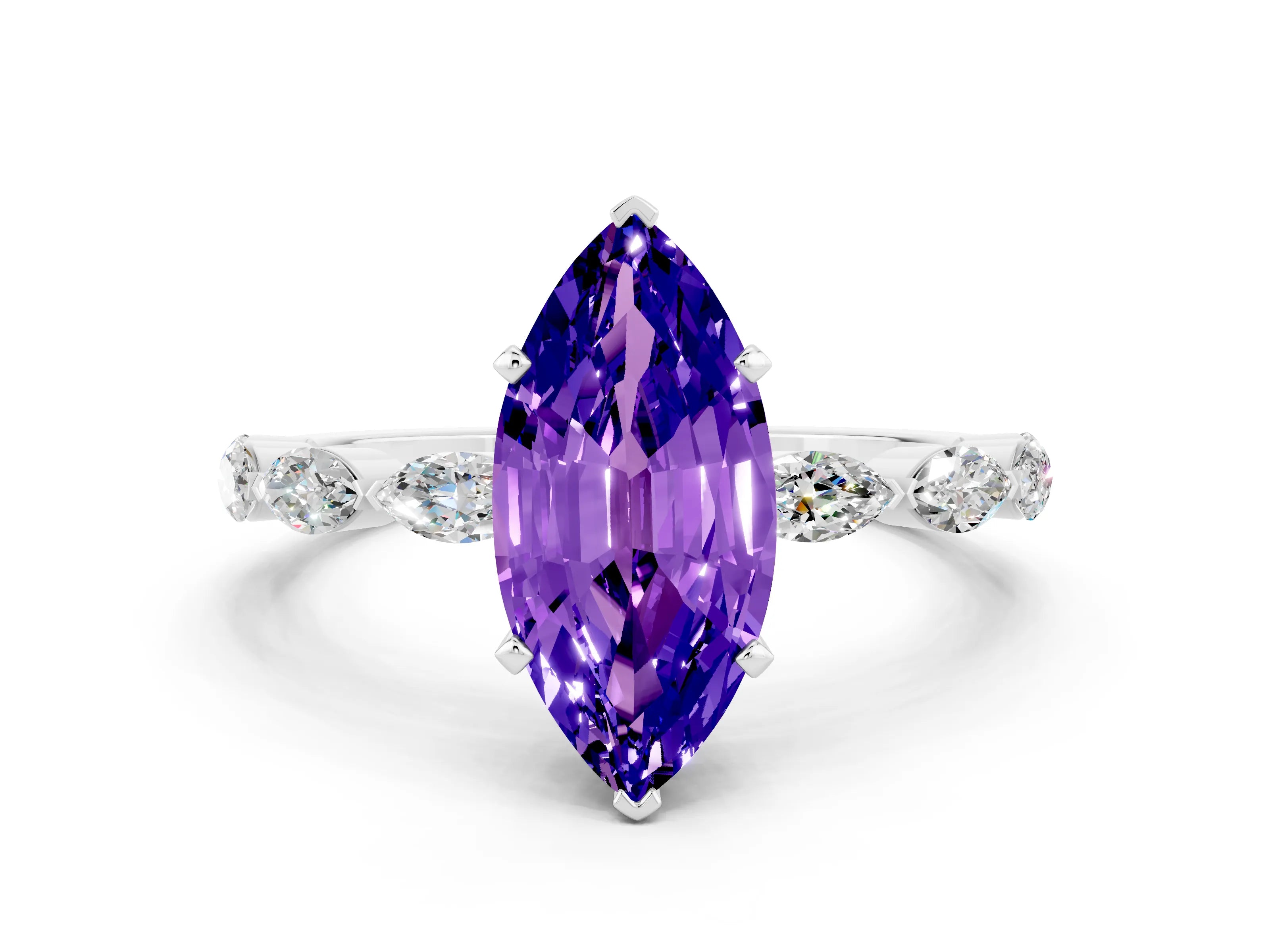 White gold Marquise Cut Tanzanite Ring with Marquise Side Stones and Prong Setting_24