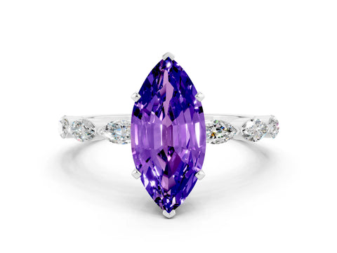 White gold Marquise Cut Tanzanite Ring with Marquise Side Stones and Prong Setting