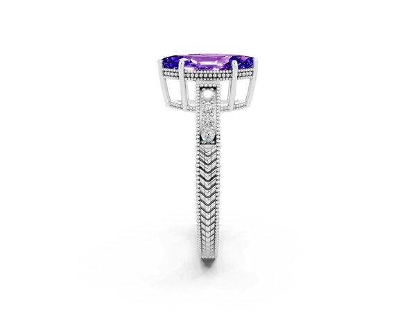 Silver Marquise Cut Tanzanite Ring with Milgrain Pavé Band and Four-Prong Setting