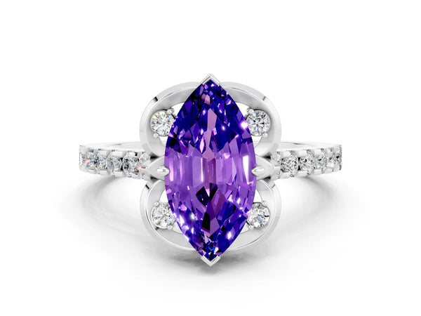 Platinum Marquise Cut Tanzanite Ring with Pavé Band and Floral Prong Setting