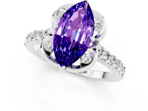 White gold Marquise Cut Tanzanite Ring with Pavé Band and Floral Prong Setting_1