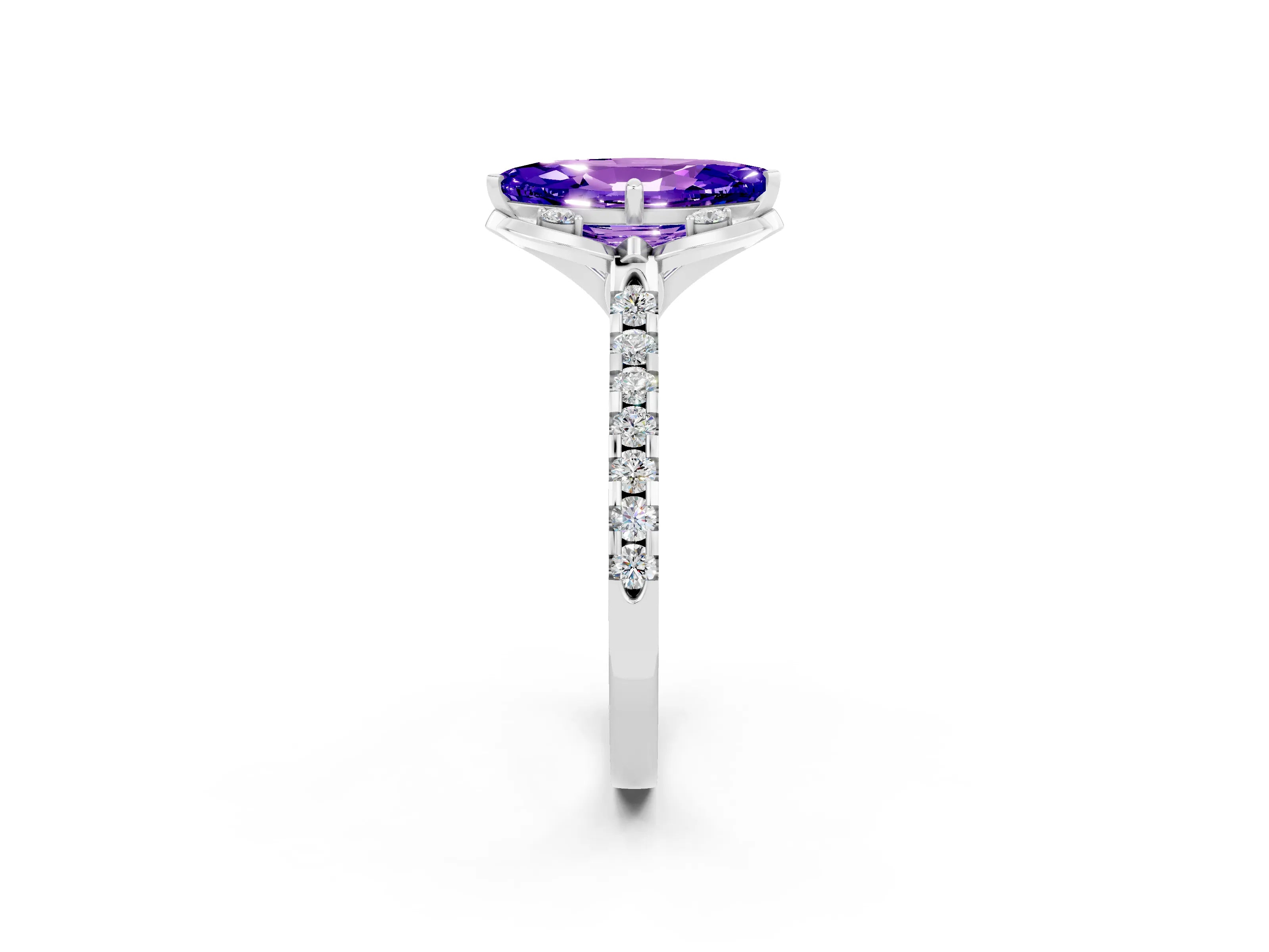 White gold Marquise Cut Tanzanite Ring with Pavé Band and Floral Prong Setting_2